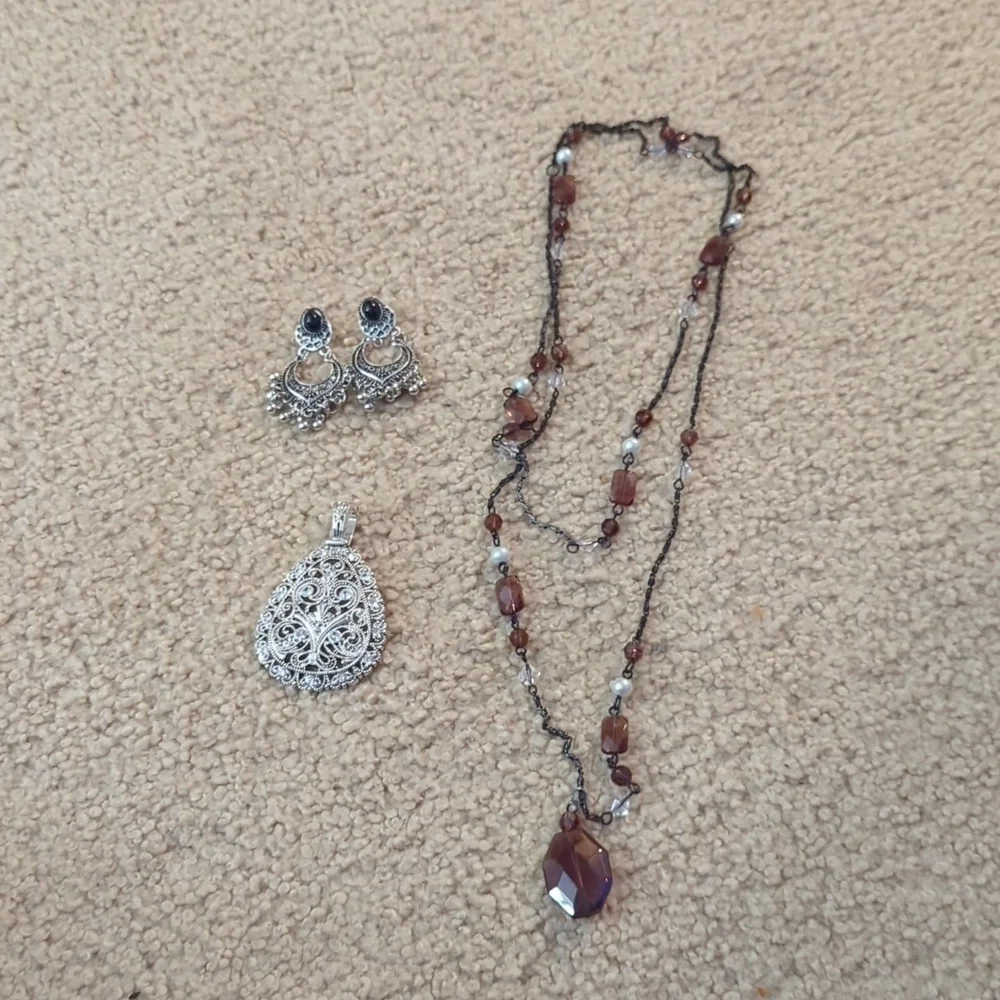 Jewelry Bundle  One Long Brown Necklace One Pair of Earrings & Pendant